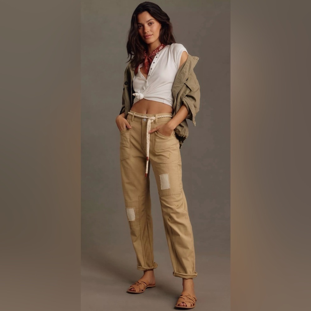 Pilcro The Wanderer Patchwork Utility Jean Sz 26 Beige Mid Rise Relaxed Fit